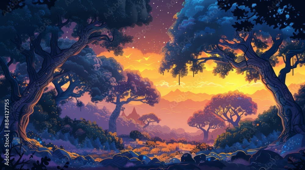 Mystical sunset in the enchanted forest Mystical sunset in the enchanted forest