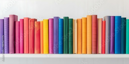 Colorful book arrangement in rainbow spectrum on shelves creates vibrant room focal point. Concept Home decor, Rainbow bookshelf, Colorful organization, Room focal point, Vibrant interior