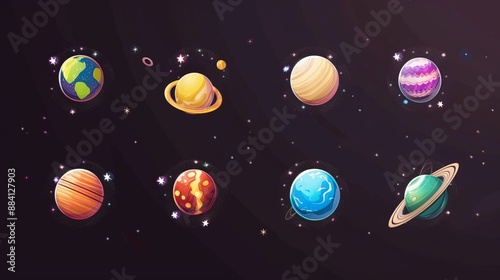 A collection of assorted planets portrayed with artistic creativity and vibrant colors, set against a starry background, capturing the imaginative essence of outer space.