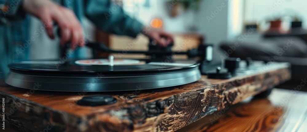 A person stands near a turntable, closely framed, with a couch visible in the background A person stands near a turntable, closely framed, with a couch visible in the background