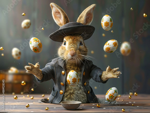 A whimsical rabbit in a hat and coat juggling painted Easter eggs indoors, creating a magical and festive scene. photo