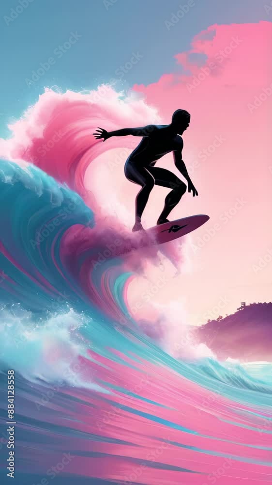 Animation Dynamic digital illustration of surfer catching colorful wave, full of energy, capturing essence of surfing, summer tourist sport Animation Dynamic digital illustration of surfer catching colorful wave, full of energy, capturing essence of surfing, summer tourist sport