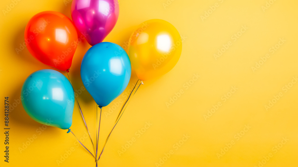 Bright balloons on a bright yellow background. Copy space. Multicolored balloons indoors. Bright balloons on a bright yellow background. Copy space. Multicolored balloons indoors.