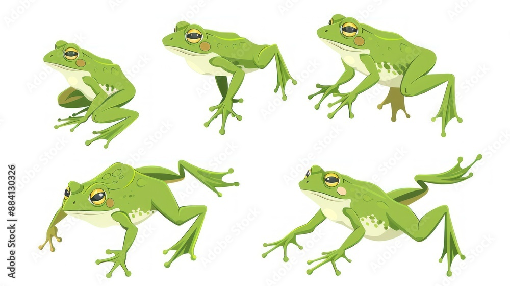 Fototapeta premium Five Green Frogs in Various Poses