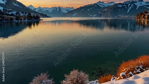 Wallpaper Mural Serene Mountain Lake Landscape with Snowy Peaks and a Sunrise Reflection Torontodigital.ca