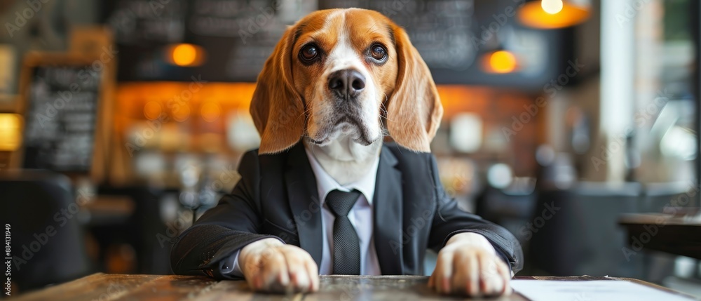 A brown-and-white dog in a suit and tie sits at a table, holding a menu A brown-and-white dog in a suit and tie sits at a table, holding a menu