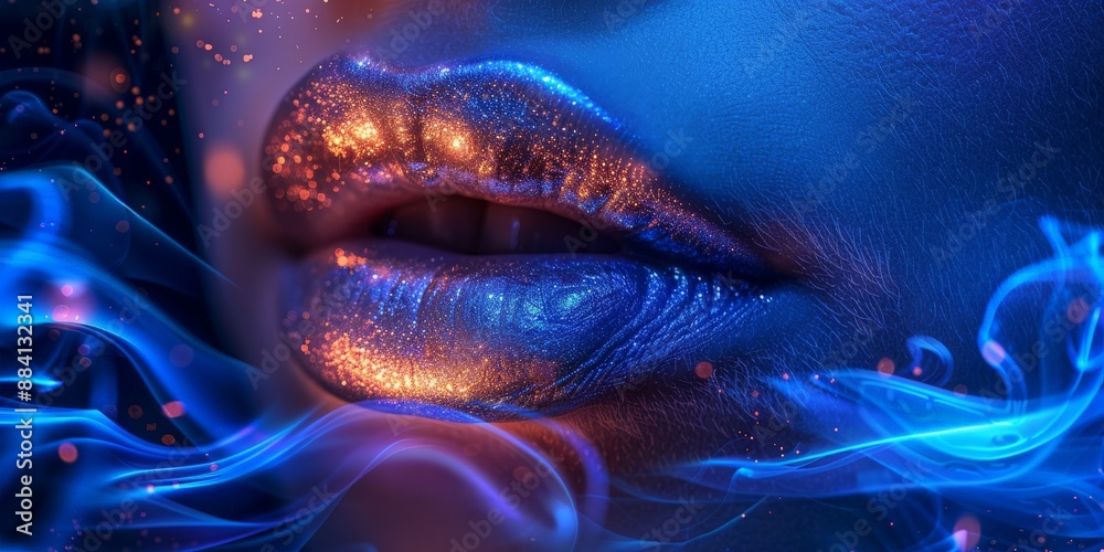 Obraz premium Abstract image of glowing lips with futuristic digital effects, symbolizing beauty and technology integration.