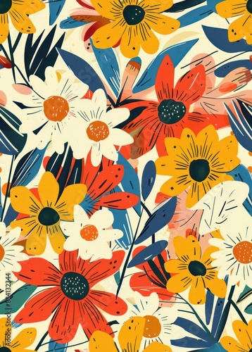 Wallpaper Mural Vibrant Floral Pattern With White, Yellow, Red, and Blue Flowers Torontodigital.ca
