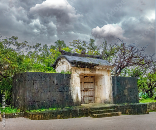 Photography Shrine in the park surrounding the ruins of the Shuri castle om the rain during