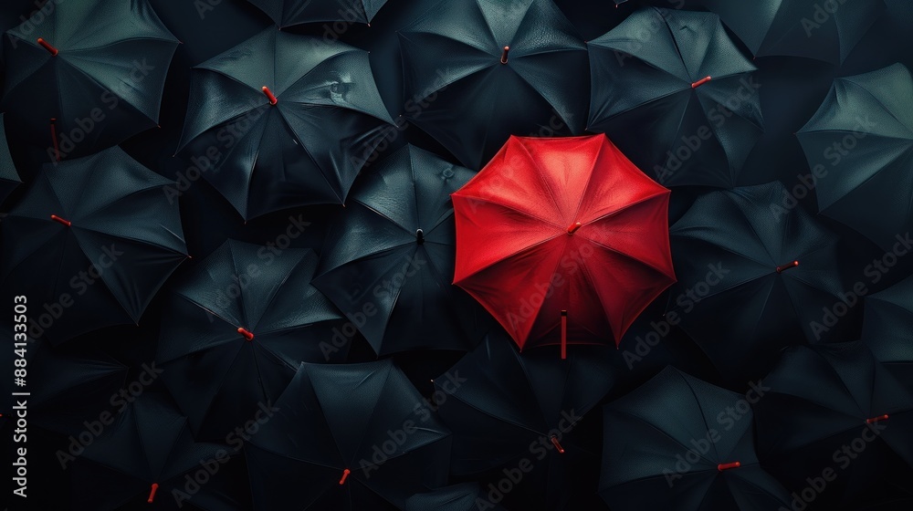 Red Umbrella Among Black Umbrellas Red Umbrella Among Black Umbrellas