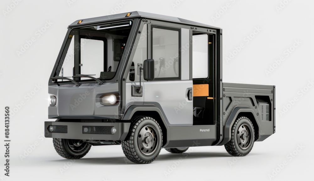A Gray Electric Utility Truck Parked on a White Background A Gray Electric Utility Truck Parked on a White Background