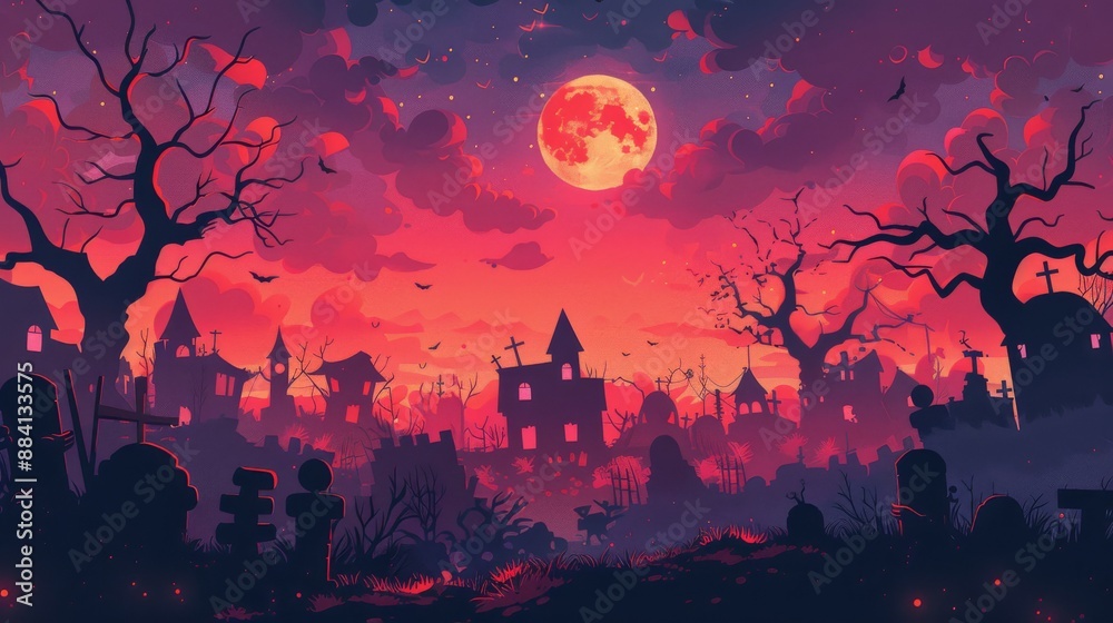 Full moon rises over a spooky, creepy, and eerie graveyard with tombstones and dead trees Full moon rises over a spooky, creepy, and eerie graveyard with tombstones and dead trees