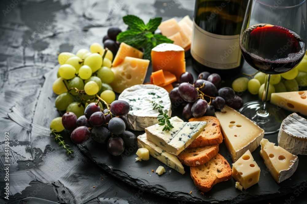 Gourmet Cheese and Wine Pairing With Grapes and Crackers on a Slate Board Gourmet Cheese and Wine Pairing With Grapes and Crackers on a Slate Board