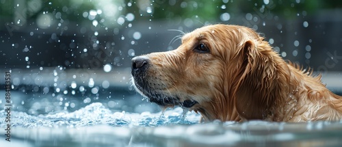  A tight shot of a dog in a pool, head emerging from the water