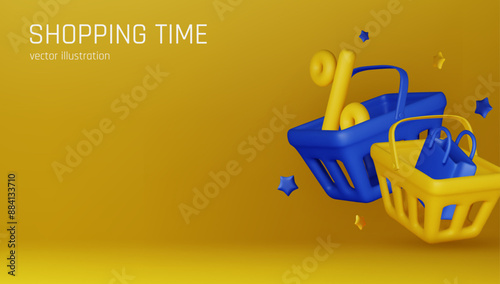 Shopping cart full of gifts. Realistic 3d gift boxes fly and fall to shopping cart. Vector illustration