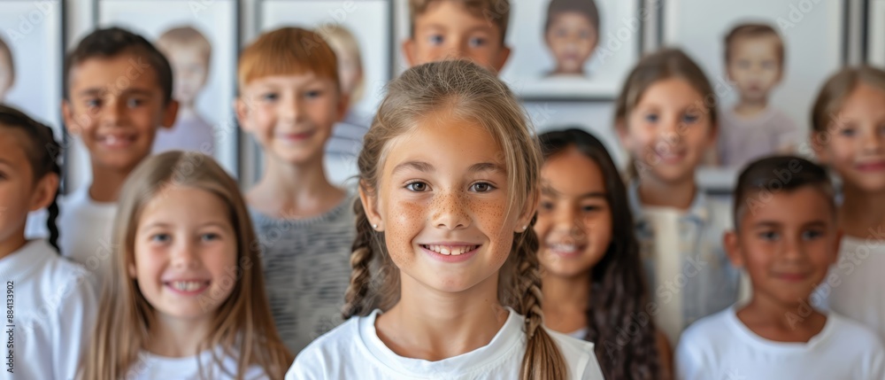 A group of young children stands in front of a wall adorned with portraits, all of children A group of young children stands in front of a wall adorned with portraits, all of children