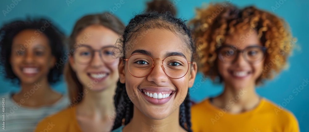 Young women smiling in front of a blue wall Young women smiling in front of a blue wall