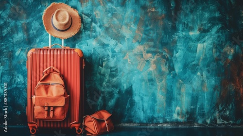 Stylish luggage and travel accessories against a blue textured background photo