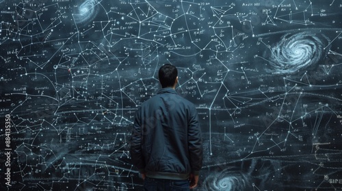 An individual stands before an expansive chalkboard crowded with detailed star maps and astrophysical diagrams, intently focused on deciphering the secrets of the universe, reflecting a quest for kno photo