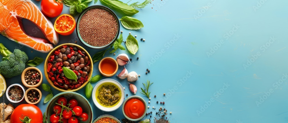  A table, elegantly set against a blue backdrop, bears bowls brimming with various fruits and vegetables Text space remains available