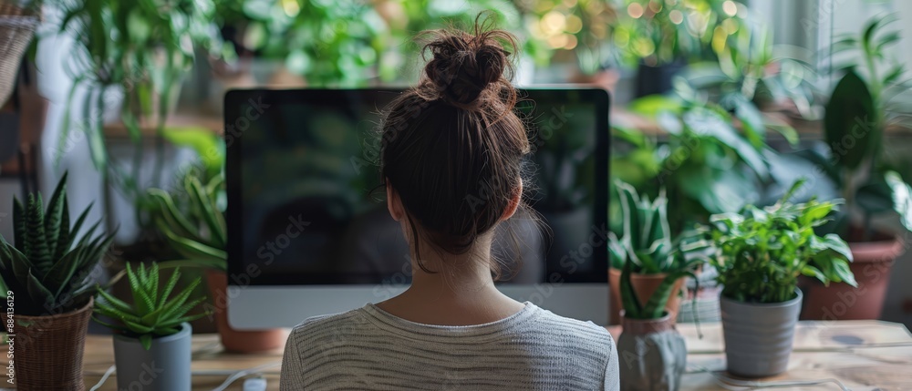 A woman sits at her desk, computer before her A potted plant is placed behind her head A woman sits at her desk, computer before her A potted plant is placed behind her head