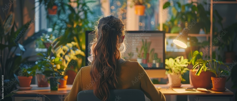 A woman sits in a chair, facing a desk with a computer Behind her are potted plants A woman sits in a chair, facing a desk with a computer Behind her are potted plants