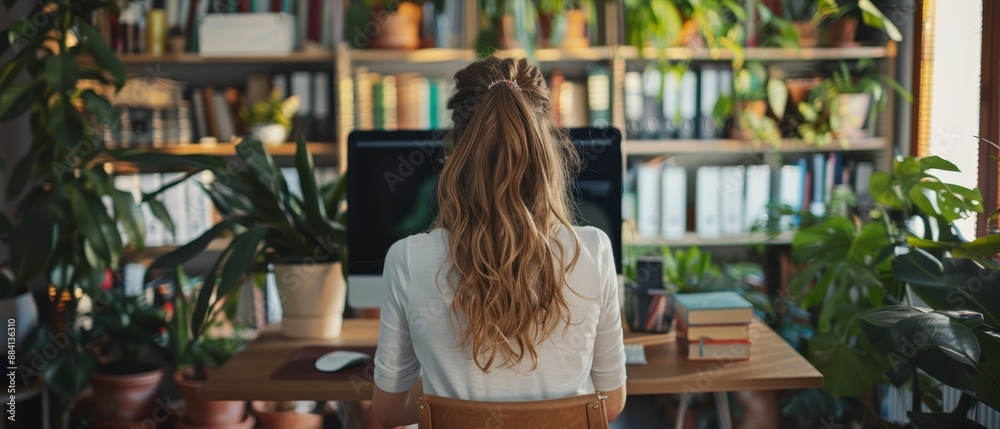 A woman with long hair sits at a desk before a bookshelf, filled with books and plants A woman with long hair sits at a desk before a bookshelf, filled with books and plants