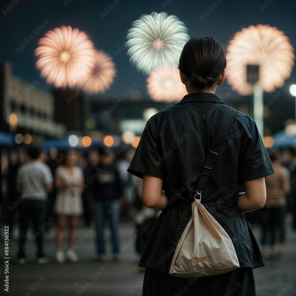 Obraz premium People stand and watch the festival with fireworks lighting up beautifully at night