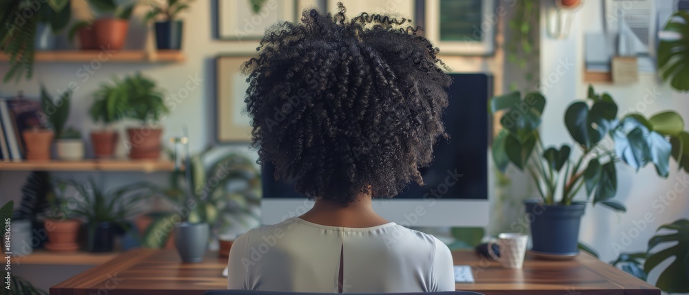 A woman sits with her back to the viewer, at a desk before a potted plant A woman sits with her back to the viewer, at a desk before a potted plant