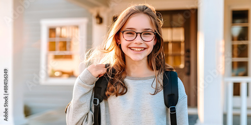 Fille souriante avec des lunettes devant sa maison, partant à l'école avec son sac dans le dos photo