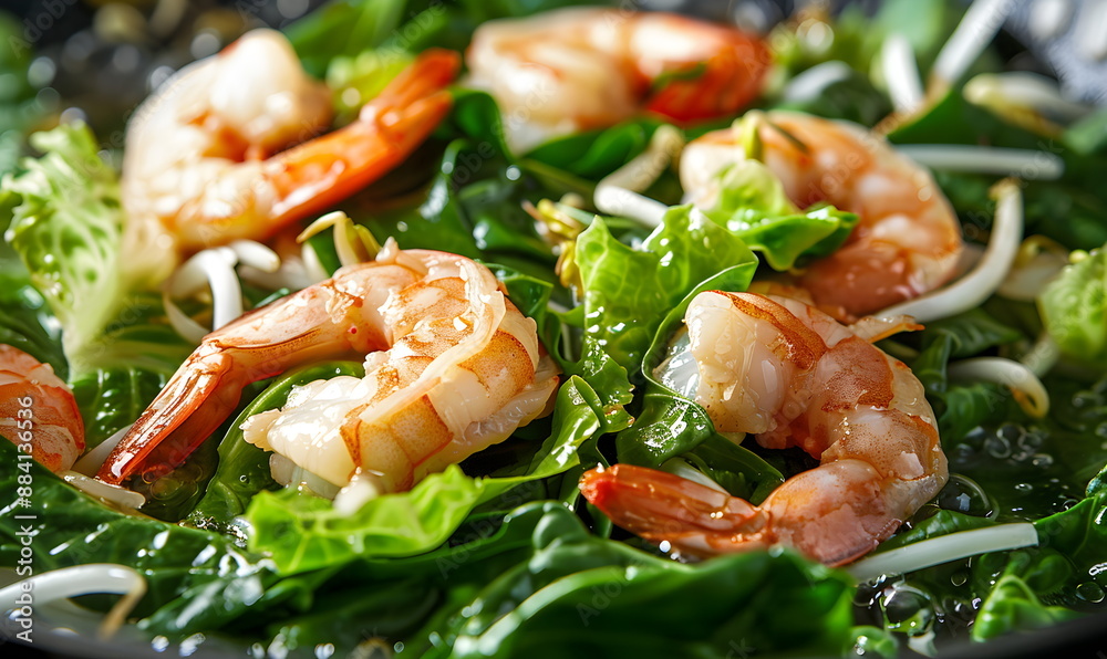 Cooking king tiger prawns in scalded lettuce leaves in hot water. Close-up. Salad with seafood and cabbage. Asian cuisine. Restaurant menu Cooking king tiger prawns in scalded lettuce leaves in hot water. Close-up. Salad with seafood and cabbage. Asian cuisine. Restaurant menu