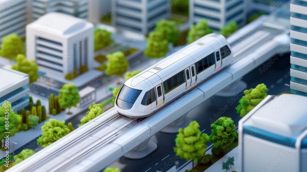 Naklejka premium A sleek, modern monorail glides through a vibrant cityscape, representing urban transportation and futuristic infrastructure.