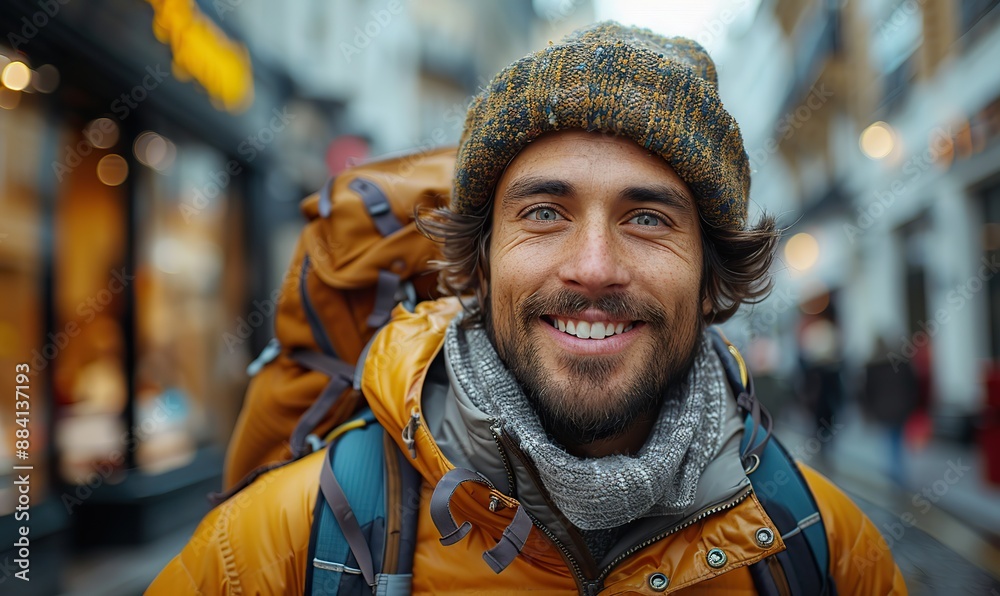 A smiling young male tourist in London, England, takes a selfie portrait for a memory of his trip, capturing the iconic landmarks and the vibrant atmosphere of Europe.