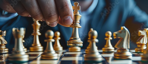  A tight shot of an individual engaged in a chess match, featuring golden and silver chessmen on the board
