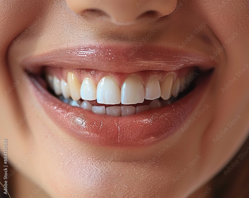 Obraz premium Dental clinic patient undergoes oral healthcare treatment with a dentist examining her smiling mouth.