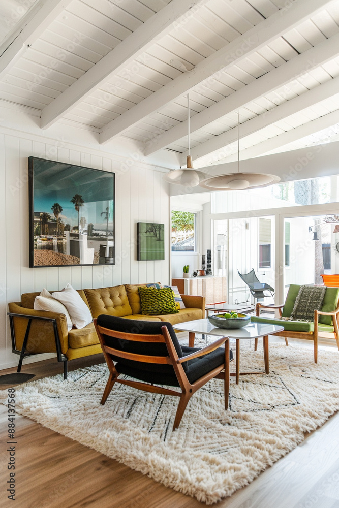Fototapeta premium Mid-century modern interior, living space, livingroom