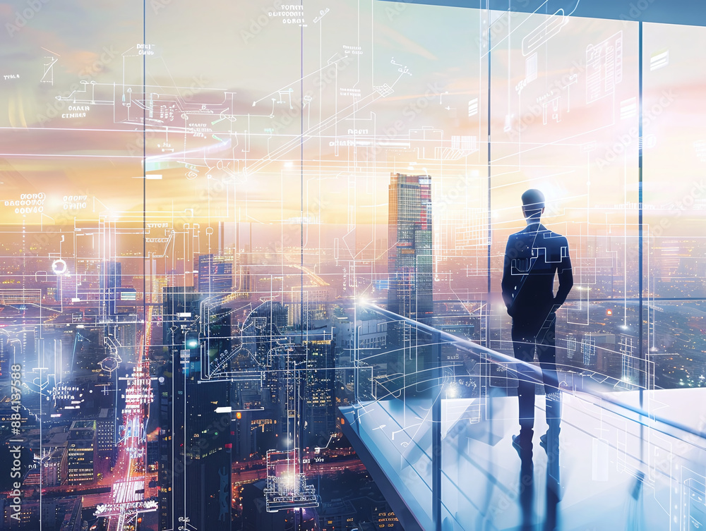 City Planner Overlooking Urban Skyline with Holographic Projections Representing City Planning Data and Architectural Designs in a Futuristic High-Tech Environment City Planner Overlooking Urban Skyline with Holographic Projections Representing City Planning Data and Architectural Designs in a Futuristic High-Tech Environment