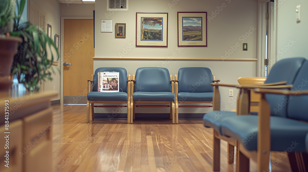 Fototapeta premium A waiting room with a few chairs and a magazine rack