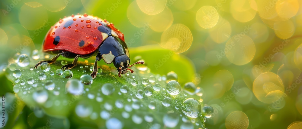 A ladybug perches on a green leaf, dotted with rainwater droplets A ladybug perches on a green leaf, dotted with rainwater droplets