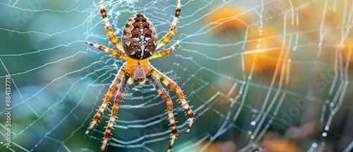  A tight shot of a spider on its web, right in the heart of its cobweb