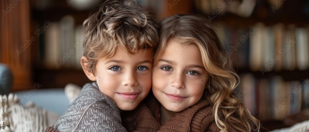 Two kids hugging, bookshelf behind filled with books Two kids hugging, bookshelf behind filled with books