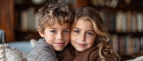  Two kids hugging, bookshelf behind filled with books