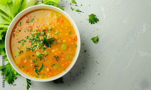 Freshly prepared homemade red lentil soup, on a light gray marble table. Top view, empty space for inserting text. Traditional Middle Eastern, Turkish, Ramadan cuisine. Vegan food.