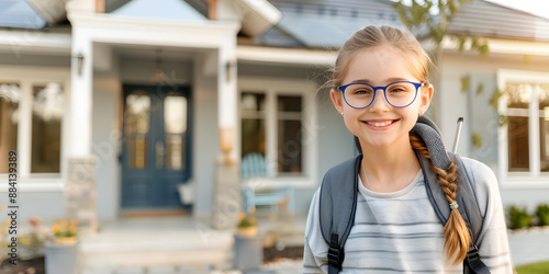 Fille souriante avec des lunettes devant sa maison, partant à l'école avec son sac dans le dos photo