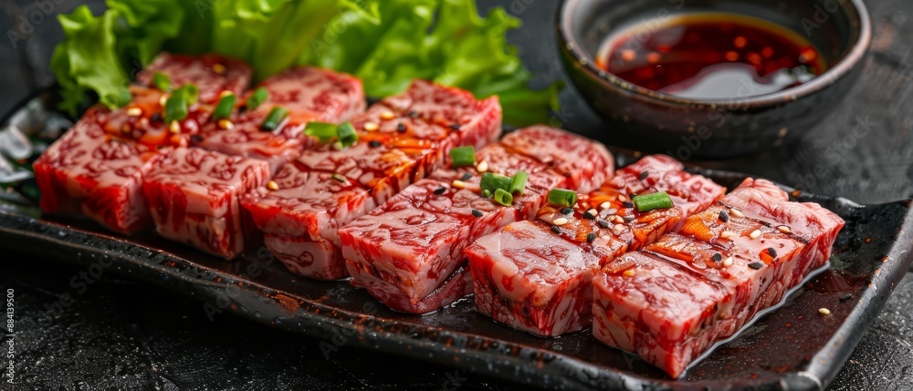 A tight shot of a plate filled with food, chopsticks hovering above it, and a bowl of dipping sauce in the backdrop A tight shot of a plate filled with food, chopsticks hovering above it, and a bowl of dipping sauce in the backdrop