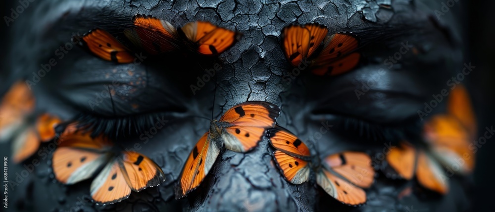 A tight shot of a face adorned with orange and black butterflies, their wings gracing the skin around the eyes A tight shot of a face adorned with orange and black butterflies, their wings gracing the skin around the eyes