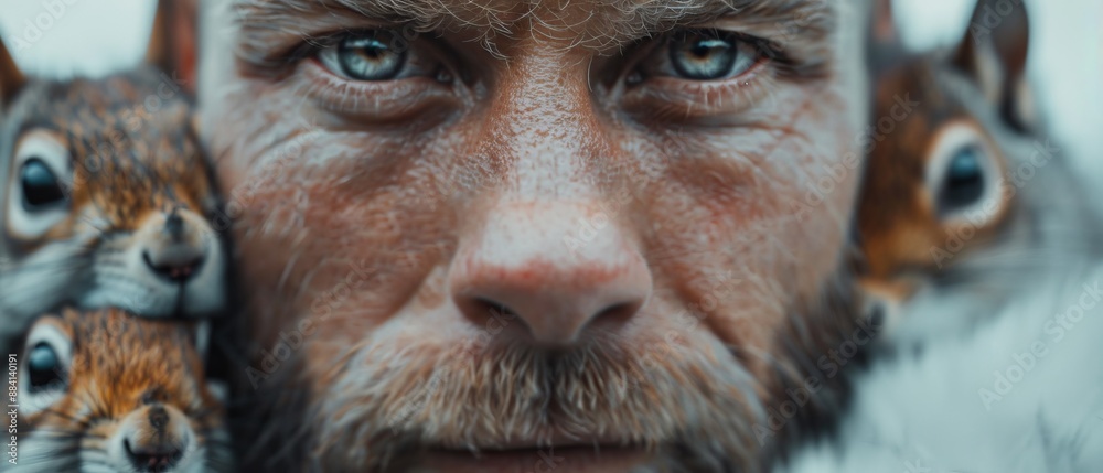  A man with blue eyes, a beard, and a small squirrel perched on his shoulder gazes at the camera