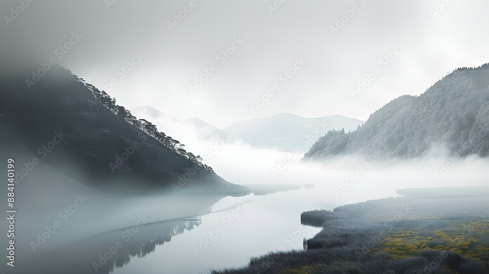A misty, serene river landscape with mountains. Perfect for designs requiring a tranquil, ethereal ambiance and copy space. A misty, serene river landscape with mountains. Perfect for designs requiring a tranquil, ethereal ambiance and copy space.
