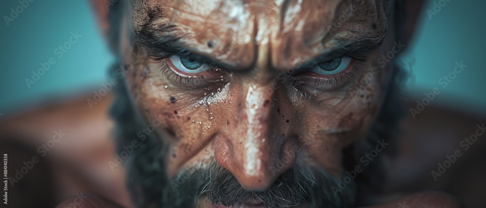 A tight shot of a bearded man's face, his blue eyes gritty with dirt A tight shot of a bearded man's face, his blue eyes gritty with dirt