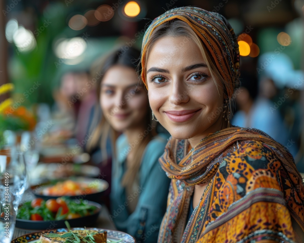 Create a high-quality photograph of a diverse group of friends from different ethnic backgrounds, smiling and enjoying a meal together. Create a high-quality photograph of a diverse group of friends from different ethnic backgrounds, smiling and enjoying a meal together.